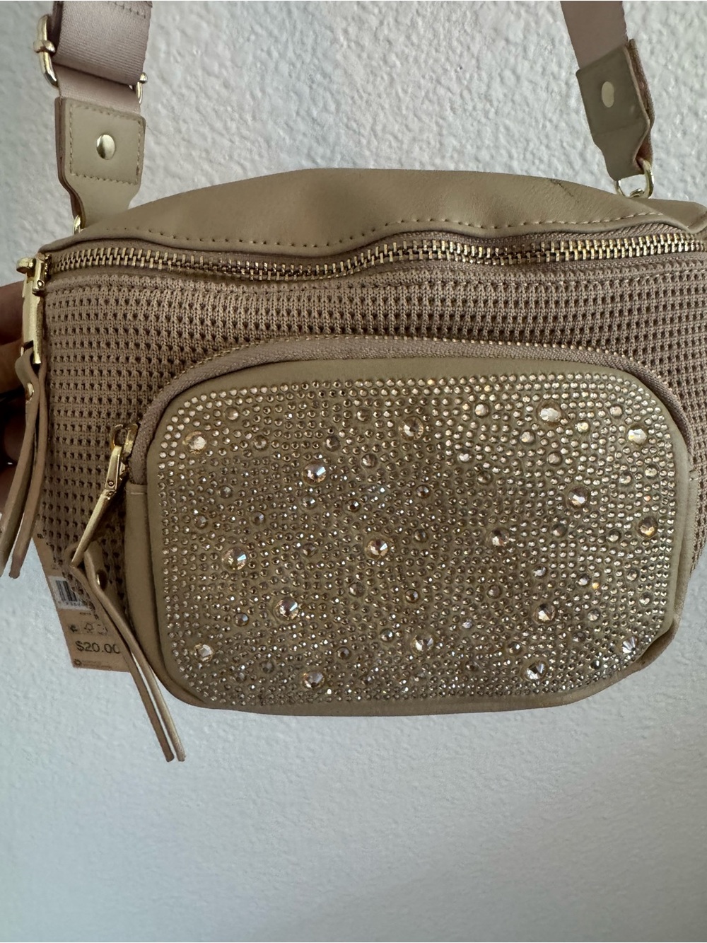 Steve Madden NWT Women's Taupe Crossbody Bag with Rhinestone Front Pocket